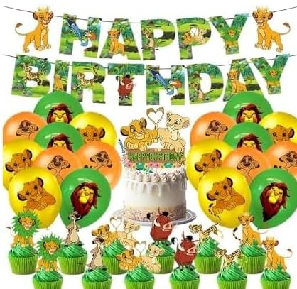 SBJJGQIS König der Löwen Geburtstag Party Dekoration - 44PCS Dekorationsset mit Luftballons, Banner, Torteneinlage & weiteren Dekorationen in Gelb und Grün - The Lion King Simba Fans