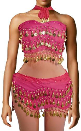 Baisdan - 2 Stück Bauchtanzgürtel, Bauchtanz, Wickelrock mit Goldmünzen, Bauchtanzrock für Zumba Lateinische Yogaklasse, 2 Stück,, Rote Rose., Einheitsgröße