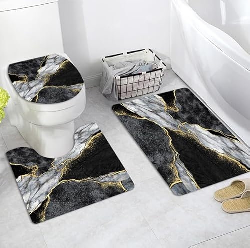Bad Teppiche Set 3-Teiliges Gold Schwarzer Marmor WC Vorleger Mit Ausschnitt Badematte Saugfähig WC Deckelbezug Badvorleger rutschfest Waschbar Toilettensitzbezug Badgarnitur (45x75cm)