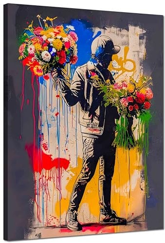 Kunstbruder© Wandbilder Banksy Gross hochkant Schlafzimmer Home Deko Wohnung Bild Wohnzimmer Bilder Leinwand Graffiti kunstdruck - Bunt gemälde (manmitblumebunt, 100x150 cm)