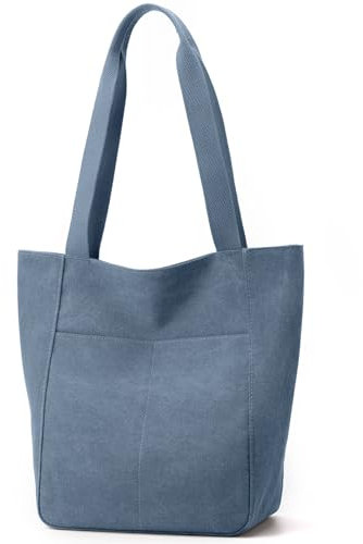 MAYMOONER Canvas Tote Bag Damen Handtasche Große Umhängetasche mit Reißverschluss und Innentasche für College Schule Arbeit Einkaufen (Blau)