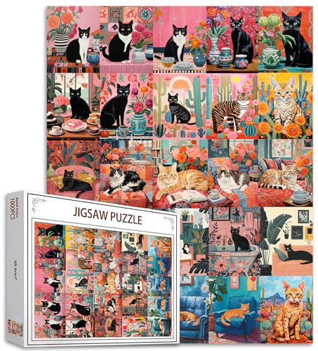 Cute Black Cat 1000 Piece Jigsaw Puzzles for Adults Succulent Plants Puzzles Tropical Plants Puzzle Challenging Family Activity Games Colorful DIY Craft Puzzle for Home Decor Gifts 27 x 20 Inches