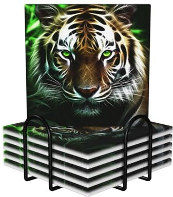 Grünäugiger Tiger Keramikuntersetzer für Getränke, rutschfeste Tassenmatte, Getränkeuntersetzer mit Metallhalter, Keramik-Untersetzer, 6 Stück, Korkrückseite, Steinuntersetzer für Tischschutz