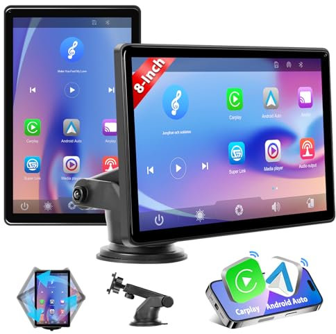 Podofo Carplay Wireless Andriod Auto Schermo per Auto, 8 Pollici Display Auto Carplay Autoradio 7-32V, Car Tablet con Bluetooth/Trasmissione FM/GPS navigazione/Controllo Vocale/Mirror Link/AUX/Airplay