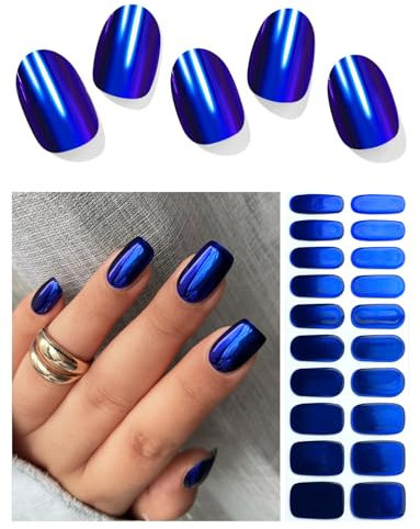 AutyaMee Semi Cured Gel Nail Strips (Blue Chrome), Mirror, 20 Pcs Gel Nail Wraps, Stickers, UV Light Required, Salon Quality, Long Lasting