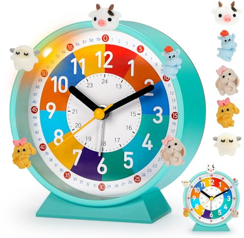 PIXESTT Despertador Infantil, Reloj Despertador Infantil para Principiantes En La Escuela, Sin Sonido Tic-TAC, con FuncióN De Luz Nocturna Y FuncióN De RepeticióN, con 5 Adornos De Despertador