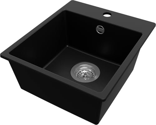 PRIMAGRAN Fregadero Cocina Negro 38x44cm, Granito 1 Seno + Sifón, Sobre encimera al mueble 40cm - Riga Easy