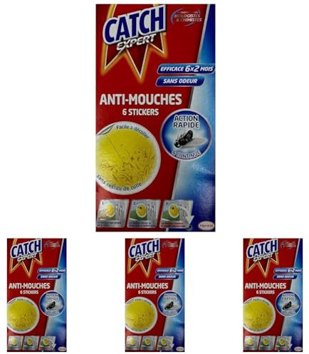 Catch Expert Mouches Autocollants Anti–Mouches Décoratifs, Sans Odeur, 6 stickers Jaunes (Lot de 4)