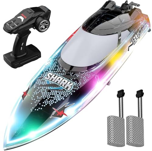 OBEST Bateau télécommandé avec lumières LED, 30 km/h RC, Bateau de Course 2,4 GHz, Jouet d'eau Populaire, Cadeau pour garçons et Filles, 2 Piles