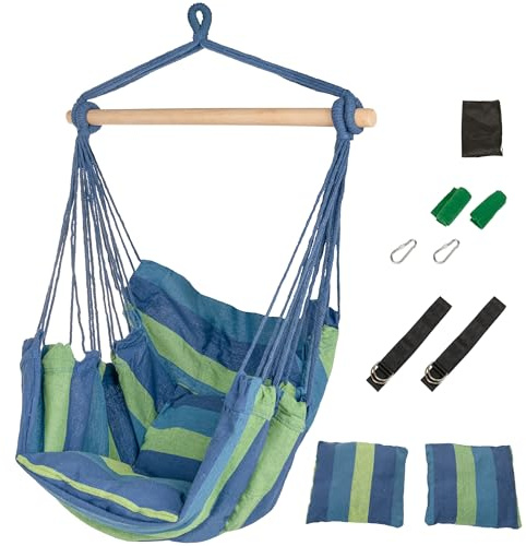 IB STYLE Hängesessel für Garten, Balkon - Bequemer Hängestuhl inkl. 2 Kissen und Befestigungs-Set - Belastbar bis 120 kg, Canvas-Tuchfläche 130x95 cm, Blau Grün
