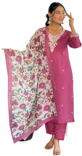 The Red Lion Enterprise Women's Designer Straight Kurti pant dupatta 3pc dress partywear Salwar Suit, Light Pink, XXL