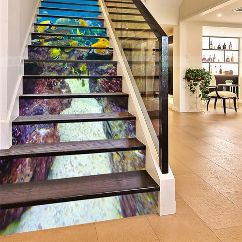 FLFK 15Pcs Seabed Fish Sea World Scenery Stair Risers Sticker Peel and Sick 39.37x7.08,Self-Adhesive Staircase Stickers Decals Mural Wallpaper for Home Decor