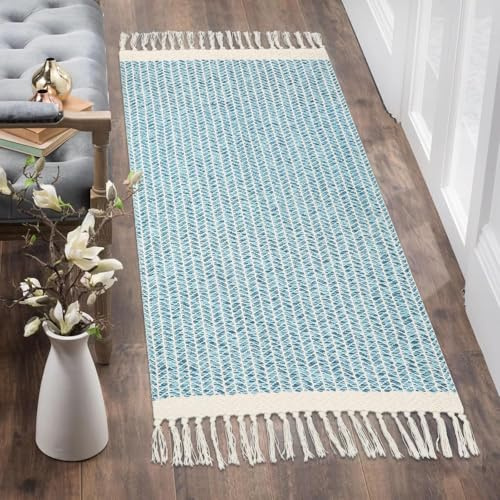 JaeMoose Boho Teppich, Baumwolle Gewebte Teppiche, mit Quasten, waschbarer schwarz-weißer Bauernhaus-Überwurfteppich, kurzfloriger Teppich (Blau, 60 x 180 cm)