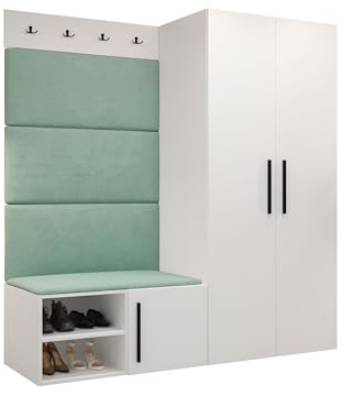 Mirjan24 Garderoben-Set Mapreni I, Schuhschrank + Kleiderhakenbrett + Kleiderschrank Gepolstertes Paneel/Wandpaneel Kleiderhaken Flurgarderobe Wandgarderobe (Weiß, Manila 11)