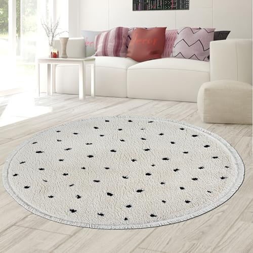 Teppich-Traum Hochflor Teppich Rund Punktmuster Beige Schwarz Ø 120 cm | Flauschig weich, pflegeleicht, langlebig, hautsympathisch, OEKO-TEX geprüft, für Fußbodenheizung und Saugroboter geeignet