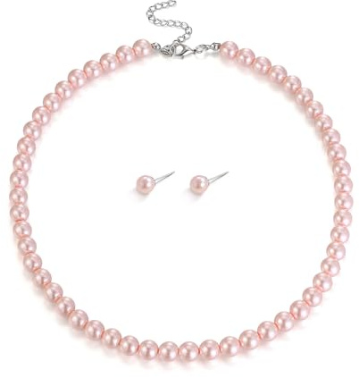 EVER FAITH 8 mm rosa perla collana con orecchini rotondi perle artificiali delicati costume da sposa palla finte gioielli da donna