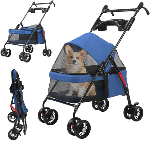Klappbarer Pet Stroller bis 10kg mit 360° Stoßdämpfern & Sonnenschutz - Leichter Buggy mit Atmungsaktivem Mesh, Getränkehalter und Sicherheitsleine für Katzen/Kleine Hunde (Blau)