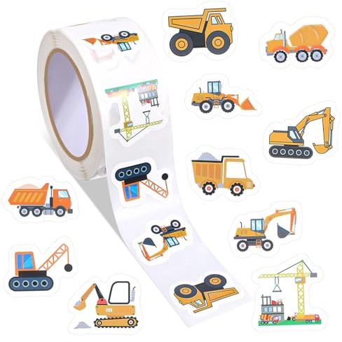 GEEHUA 500 Stück Baufahrzeuge Aufkleberrolle Selbstklebend | 2.5cm Wasserfest LKW Aufkleber, Bagger Kran Sticker, Partygeschenke, Goodie Bags, DIY, Basteln, Belohnungsanreize