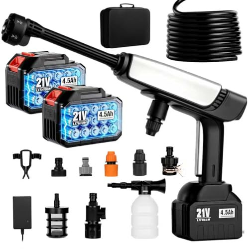 Cordless Pressure Washer Battery Powered,Portable Power Washer with 2pcs 4.5Ah 21V Battery&Charger & 6-in-1 Nozzle,2 Power Level & on/Off Button,Handheld Pressure Washer for Car,Home,Garden Patio