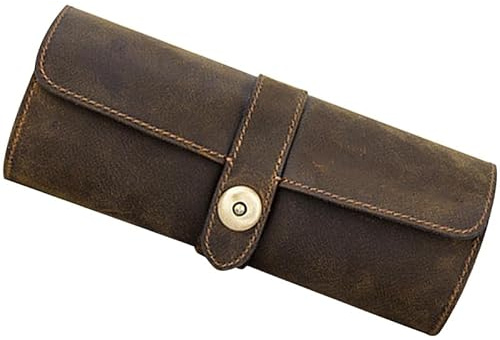 Uhrenrolle Leder für 3 Uhren, Reise Uhrenetui Herren Aufbewahrung, Kaffee | Zylindrische Uhrenbox, 18,5x7,8x7cm, Kratzschutz durch einzelne Fächer, Rindsleder, für Automatikuhren und Damenuhren