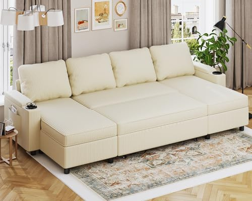 Devoko Corner Sofa Bed with Storage U-Shaped Sofa Bed 4 Seater Sectional Sofa Couch Convertible Bed Settee for Living Room, Beige