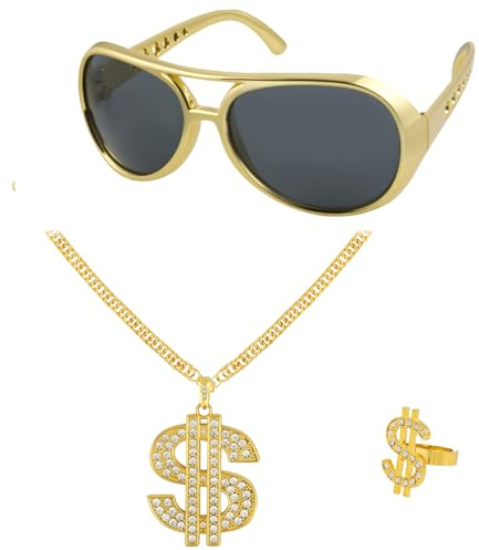 BSBUY Zuhälter Kostüm Set Rapper Hip Hop Accessoires mit Dollar Kette Große Gold Halskette Dollarzeichen Ring Goldenes Armband Herren Gangster Gang Ring für 80s/90s Fasching Mottoparty Karneval Party