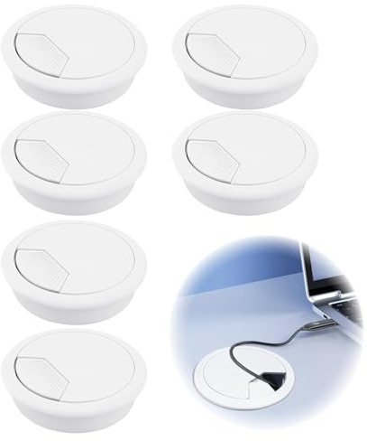 Ruvan Passe Câbles Bureau Blanc, Lot de 6 Passe Cable 60mm Ø, Passage de Cable Bureau en Plastique Robuste