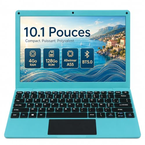 Mini Ordinateur Portable 10,1 Pouces Android 12, Allwinner A55,Clavier Rétroéclairé,Écran IPS,Type-C, WiFi Dual Band, BT 5.0, Petit Ordinateur Compact pour Étude et Loisirs (Cyan, 4GB+128G SSD)