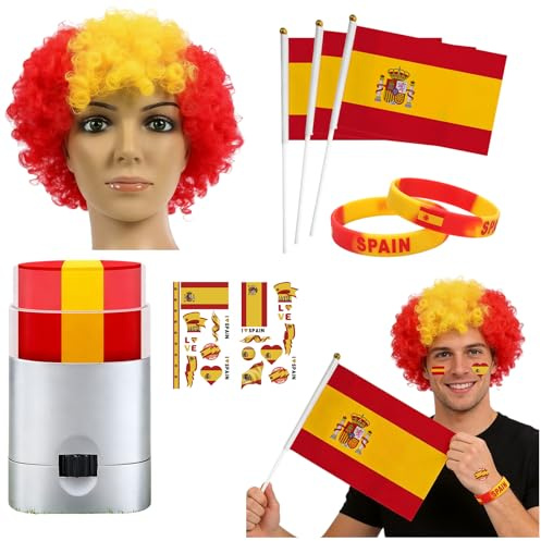 España Mundial 2026 Set Animación 7 Piezas Camiseta de España Mundial 2026 Bandera España con Peluca Roja Amarilla Pulsera Pegatinas y Cara Pintura Accesorios Copa del Mundo 2026 para Fiesta y Partido