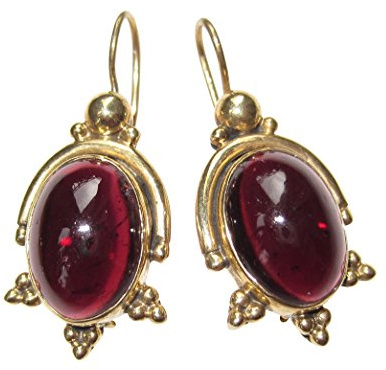 Ovale auffällige Granat-Ohrringe rot groß Hänger Haken verschließbar Silber vergoldet Handarbeit Unikat Italien Geschenk für Frauen Retro Vintage
