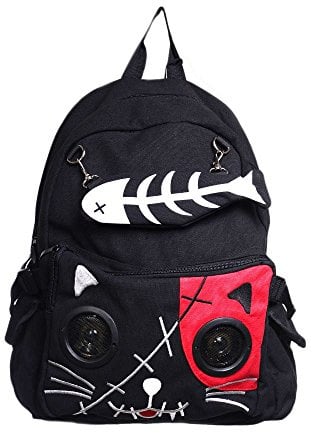 Banned Apparel Kitty Speaker Backpack Fish-Bone Purse 3.5mm Aux