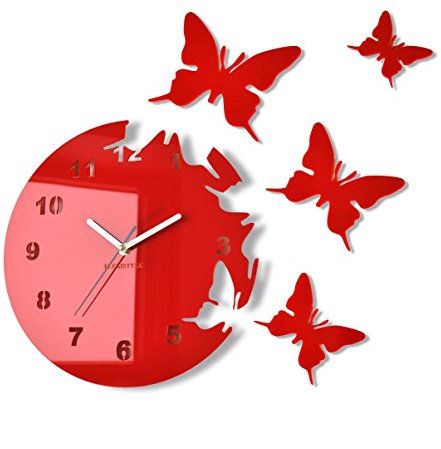 FLEXISTYLE z4c_3 Große Moderne Wanduhr Schmetterling Rot rund 30cm, 3D DIY, Wohnzimmer, Schlafzimmer, Kinderzimmer