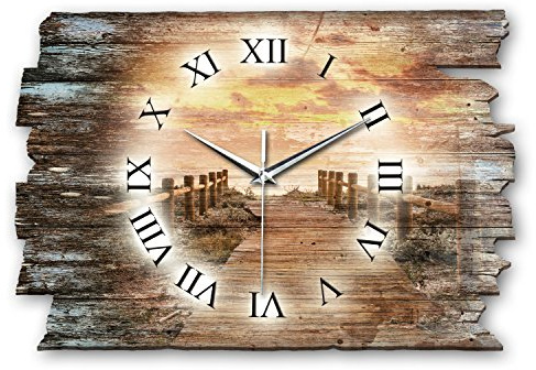 Kreative Feder Designer Wanduhr Steg aus Holz Größe 40x27cm - Quarzuhr im Landhaus-Stil Shabby-Style Made in Germany leise ohne Ticken (Steg, leises Quarzuhrwerk)