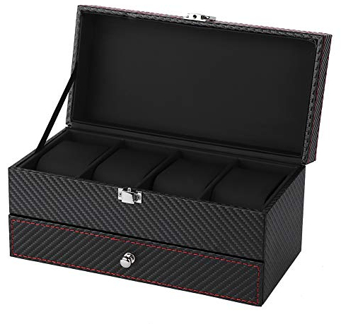TMISHION 4 + 10 Uhrenbox, Aufbewahrungsbox für Reiseuhren, Schmuckorganizer aus Kohlefaser, Schmuck-Display, Verschluss aus Metall für Ringe, Armband, Halskette