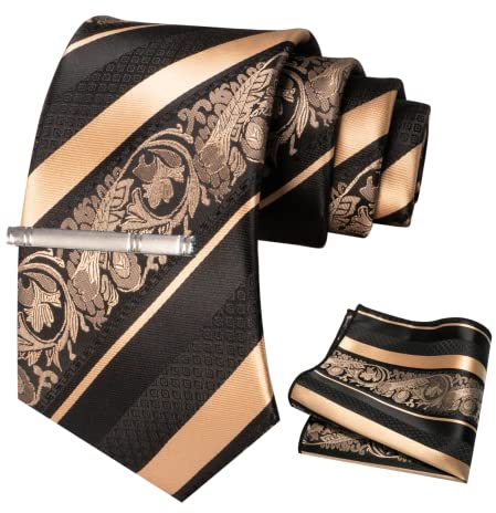 JEMYGINS Herren Krawatten Set mit gemischtem Rosen und Streifenmuster inklusive Krawattenklammer und Taschentuch Gold