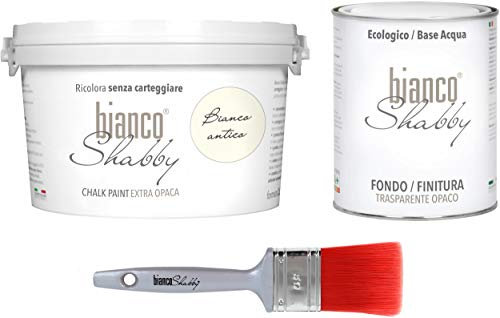 CHALK PAINT Bianco Antico & FINITURA + PENNELLO - Pittura Shabby Chic EXTRA OPACA (2,5 Litri) + Finitura Trasparente Opaco (1 Litro) + 1 Pennello Pro 50 mm