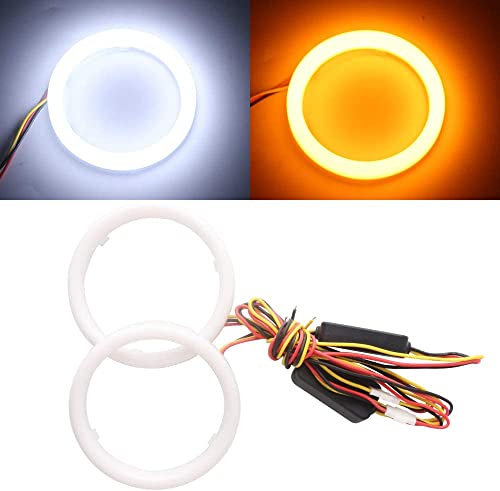 Qasim 1 par de LED Angel Eyes 90MM Ojos de Ángel Motocicleta Coche Halo Anillos 4014 108SMD Blanco + Ámbar Switchback para DRL Faro Luz Antiniebla Diurna DC12V