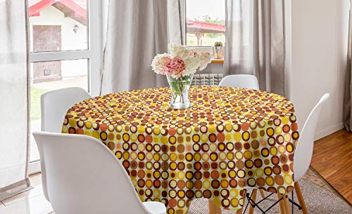 ABAKUHAUS Mitte des Jahrhunderts Runde Tischdecke, Design Retro-Platz, Kreis Tischdecke Abdeckung für Esszimmer Küche Dekoration, 150 cm, Braun, Gelb, Koralle