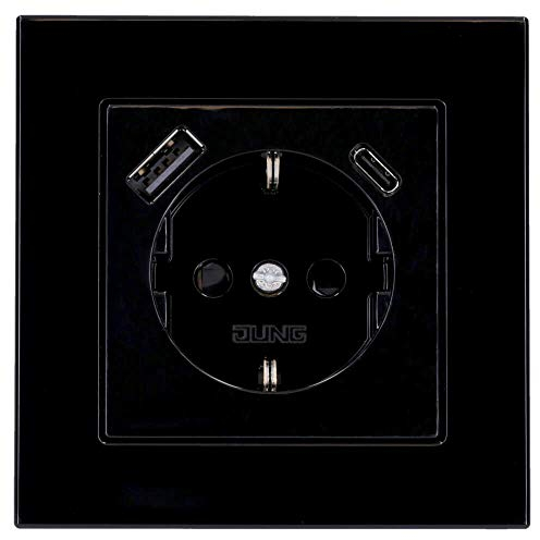 Jung SCHUKO USB-Steckdose Typ AC (3A) Komplett-Set Serie A: Steckdose A152015CASW und 1-fach Rahmen A5581BFSW Schwarz