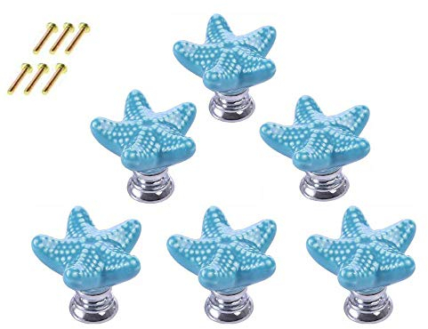 POFET 6pcs Starfish Shape Kommode Schubladenschrank Knöpfe Vintage Türgriff Keramik Möbel Pulls für Küche Kleiderschrank Schrank Kinderzimmer Dekorativ - Blau