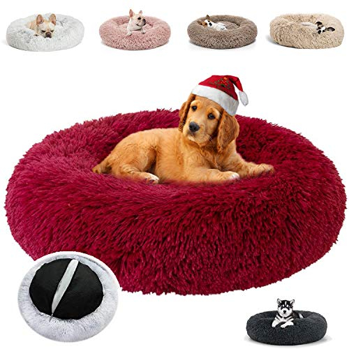 JRUI Hundehöhle für Große Hunde, Rund Plüsch Hundekissen Katzenbett Waschbar Warme Bequeme Hundesofa Hundekörbchen für Mittelgroße Hunde - Rot 100x100x20cm