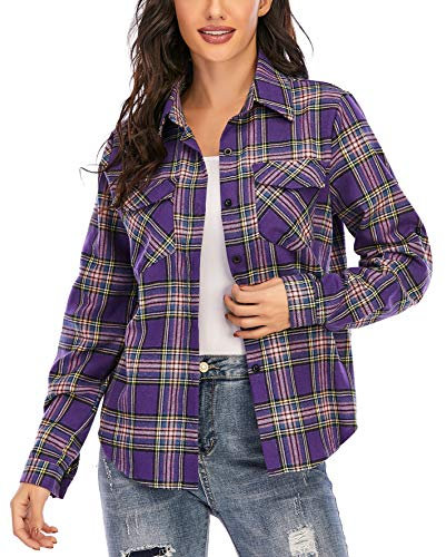Enjoyoself Chemisier Carreaux Femme 100% Coton Chemise Bucheron Western Décontractée Classique Retro Ecossaise Coton Flanelle Blouse Gilet T Shirt Casual Vintage,Violet,L