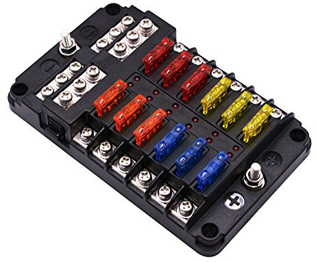 12 Way Blade Fuse Box, Upgraded Blade Fuse Block 12 Volt Waterproof Fuse Box Holder with LED Indicator for Car Boat Marine RV Van (12 way)