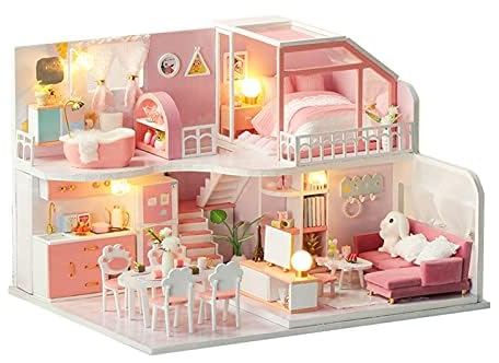 Zerodis DIY Miniatur Puppenhaus Kit, Handbuch Kreative Möbel Mädchen Rosa Loft Kunstwerk Haus für Kinder 14+