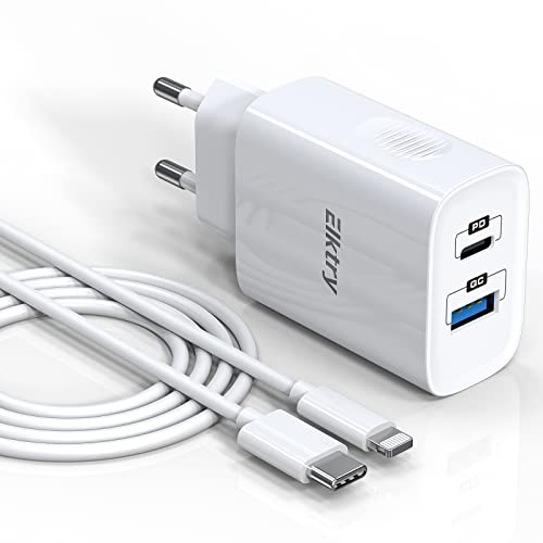 ELKTRY Chargeur rapide pour iPhone - 20 W - Avec câble USB C vers Lightning de 2 m - Certifié MFi - Avec bloc d'alimentation à 2 ports - Compatible avec iPhone 14 13 12 11 Pro Max Mini SE XR XS X iPad