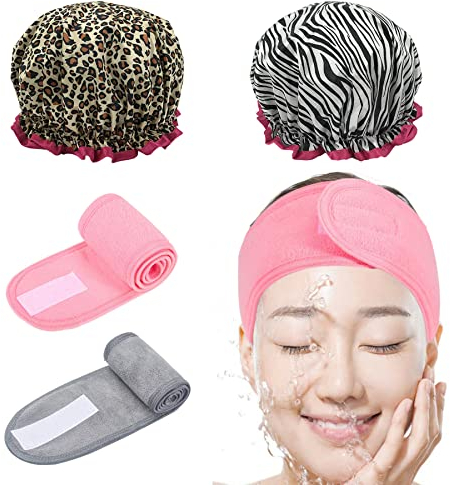 BERYCH Zwei Duschhaube Und Zwei Kosmetik Stirnband Frottee, Wasserdichte Wiederverwendbare Duschhaube, Verstellbares Haarschutzband Mit Klettverschluss, Zum Baden, Waschen Von Gesicht Und Make-up.
