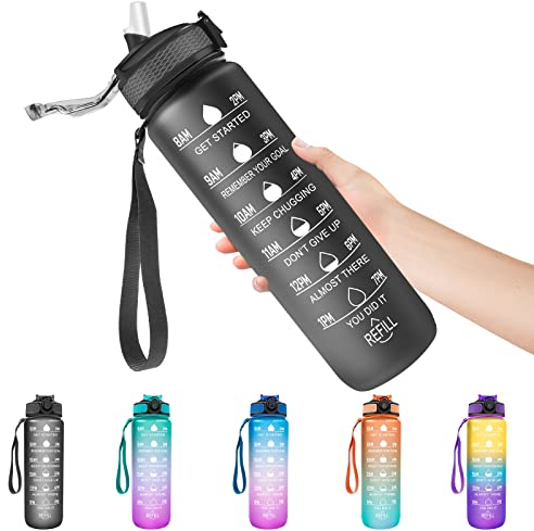 WOODFIB Sports Water Bottle 1L, Motivational Water Bottle with Straw & Time Maker, BPA Free, Leakproof & Secure Locking Lid, Tritan Plastic Drink Bottle for School/Cycling/Running/Gym (Black)