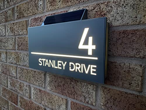 One of a Kind Design UK Personalised Contemporary Solar Light House Sign 305x155MM Personalised Address Number Plate Rectangular House Sign LED Illuminated UV Stable, Grey