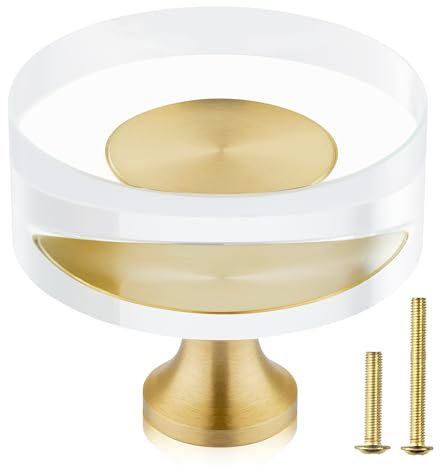 QOGRISUN Paquete de 2 pomos de cristal de latón para cajones de tocador, redondos de 1-1/4 pulgadas, herrajes dorados para gabinetes de cocina y baño