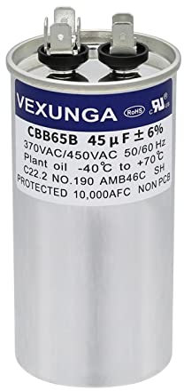 VEXUNGA Condensador 45uF 45 MFD 370VAC 440VAC 450VAC 50/60Hz Redondo Condensadores de Arranque AC CBB65 para Aire Acondicionado Motore y Motor del Ventilador